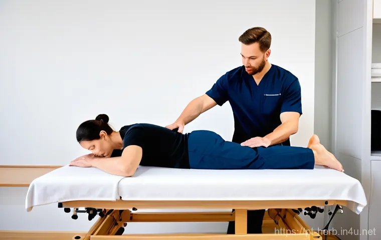 한방병원에서의 척추교정 효과 - **Prompt:** A split image illustrating the journey from discomfort to relief due to posture. On the ...