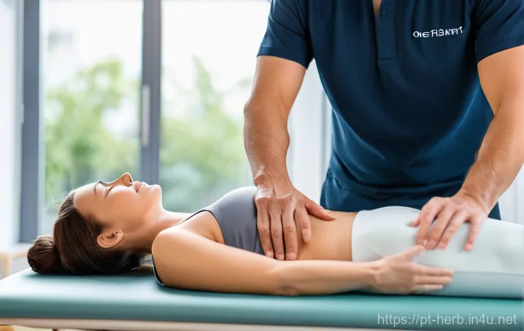 허리통증 한방병원 치료 효과 - **Prompt:** A tranquil and modern osteopathy clinic setting. A male osteopath with kind eyes and a p...