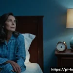 갱년기 불면증 한방 치료법 - **Prompt:** "A middle-aged woman with a pensive expression sits on the edge of her bed in a dimly li...