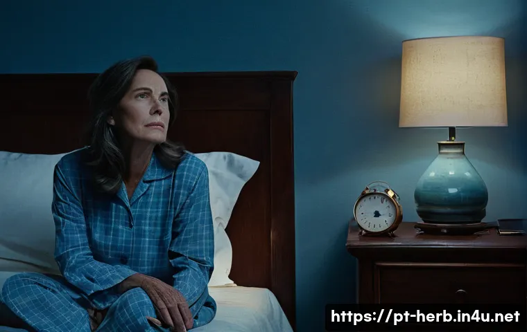 갱년기 불면증 한방 치료법 - **Prompt:** "A middle-aged woman with a pensive expression sits on the edge of her bed in a dimly li...