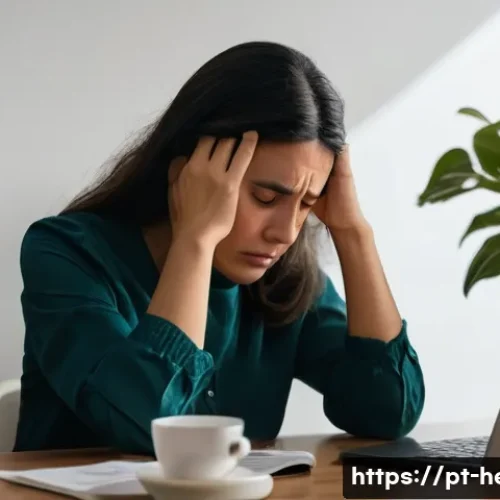 만성두통 한방병원 치료 사례 - **Prompt:** A Portuguese woman in her late 30s experiencing a chronic headache. She is seated at a c...