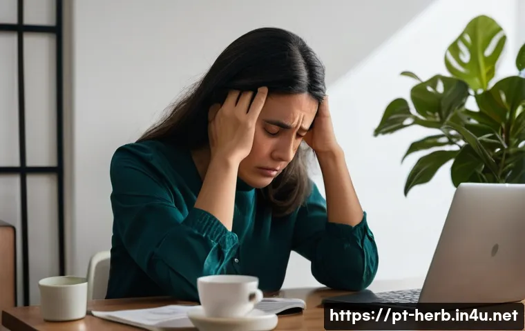 만성두통 한방병원 치료 사례 - **Prompt:** A Portuguese woman in her late 30s experiencing a chronic headache. She is seated at a c...