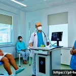 Home 21 한방병원 감기 치료 비용 - A modern Brazilian medical clinic interior showing a diverse team of healthcare professionals includ...