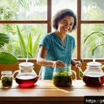 Home 20 한방병원 다이어트 치료 후기 - A serene kitchen scene featuring a middle-aged Brazilian woman preparing herbal infusions like green...