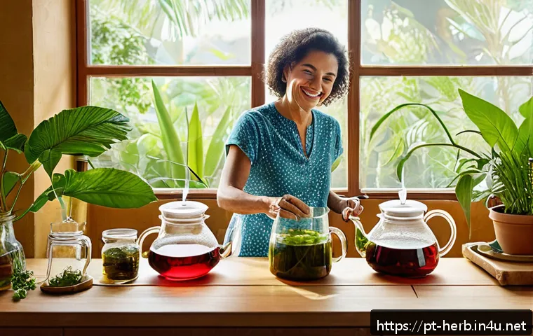 한방병원 다이어트 치료 후기 - A serene kitchen scene featuring a middle-aged Brazilian woman preparing herbal infusions like green...