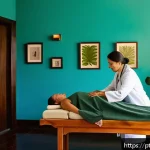 Home 18 한방병원 의료보험 적용 - A serene Brazilian wellness clinic room featuring a professional acupuncturist treating a middle-age...