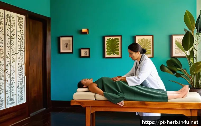 한방병원 의료보험 적용 - A serene Brazilian wellness clinic room featuring a professional acupuncturist treating a middle-age...